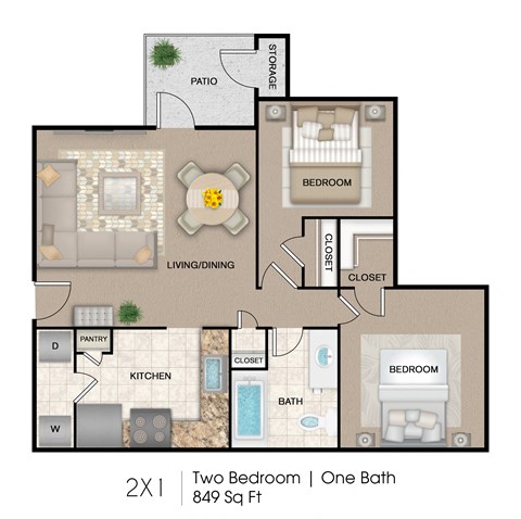 Two Bedroom, One Bathroom Floor Plan